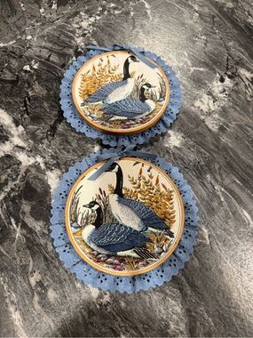 Canada Goose Embroidered Hoop Art Wall Hangings - Blue & Cream Pair